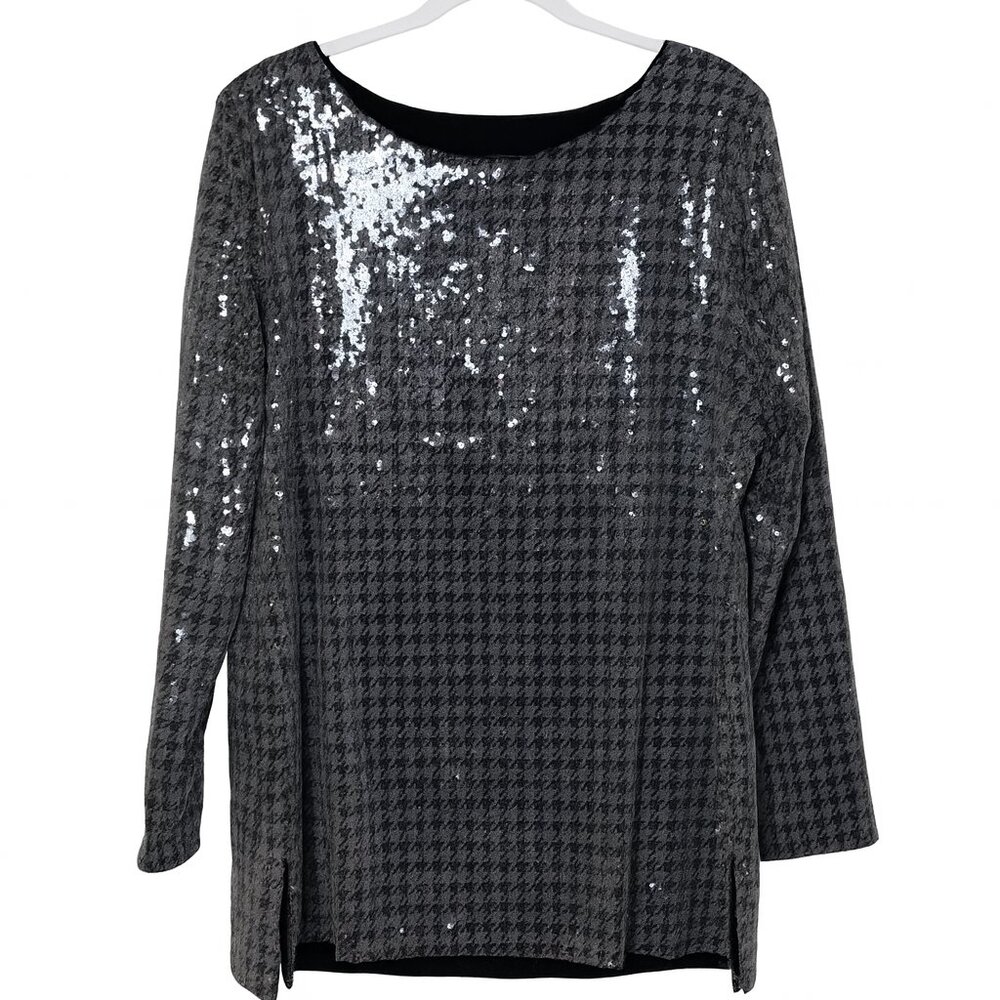 Chico's Sequin Houndstooth Top Silver Black Women Size 2 L Long Sleeve Tunic